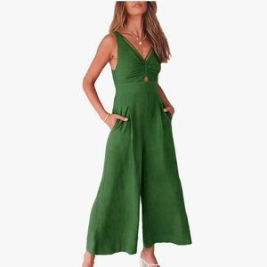 Women's Jumpsuits Summer Wide Leg Sleeveless V Neck Casual Dressy Linen GREEN